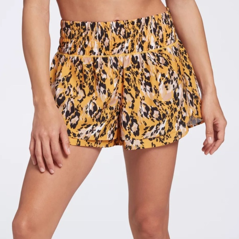 Calia Step Up Shorts Woven Petal Hem Animal Print Glowing Umber High Rise NWT